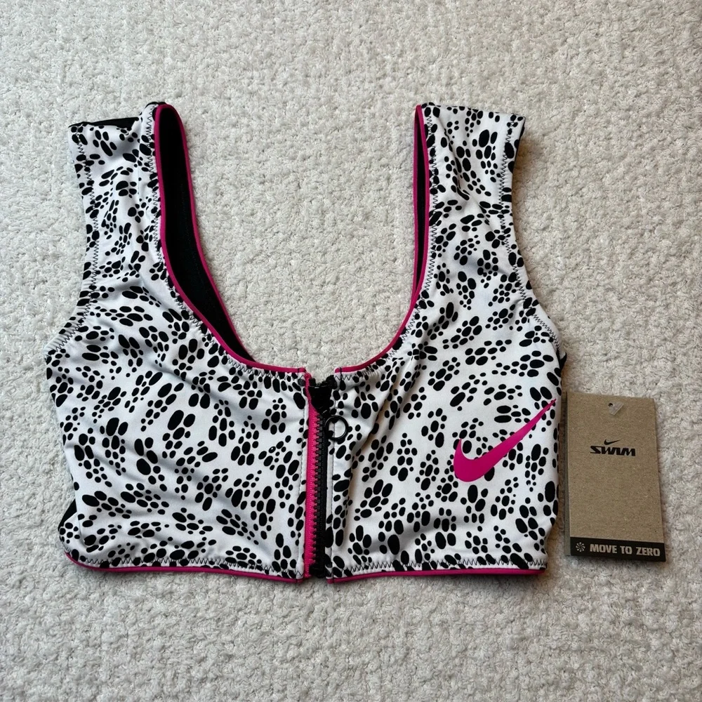 Nike Swim Top Womens S Black White Party Dots Crop Bikini Top Partial Zip Front